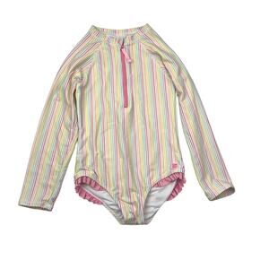 RuffleButts Pastel Rainbow Striped Rash Guard Swimsuit